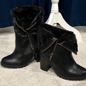 Lane Bryant Black Heeled Boots with Zipper and Fur